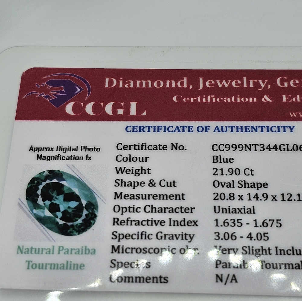 Certified Large Oval Paraiba Tourmaline 21.90 Carats! - Picture 7 of 7